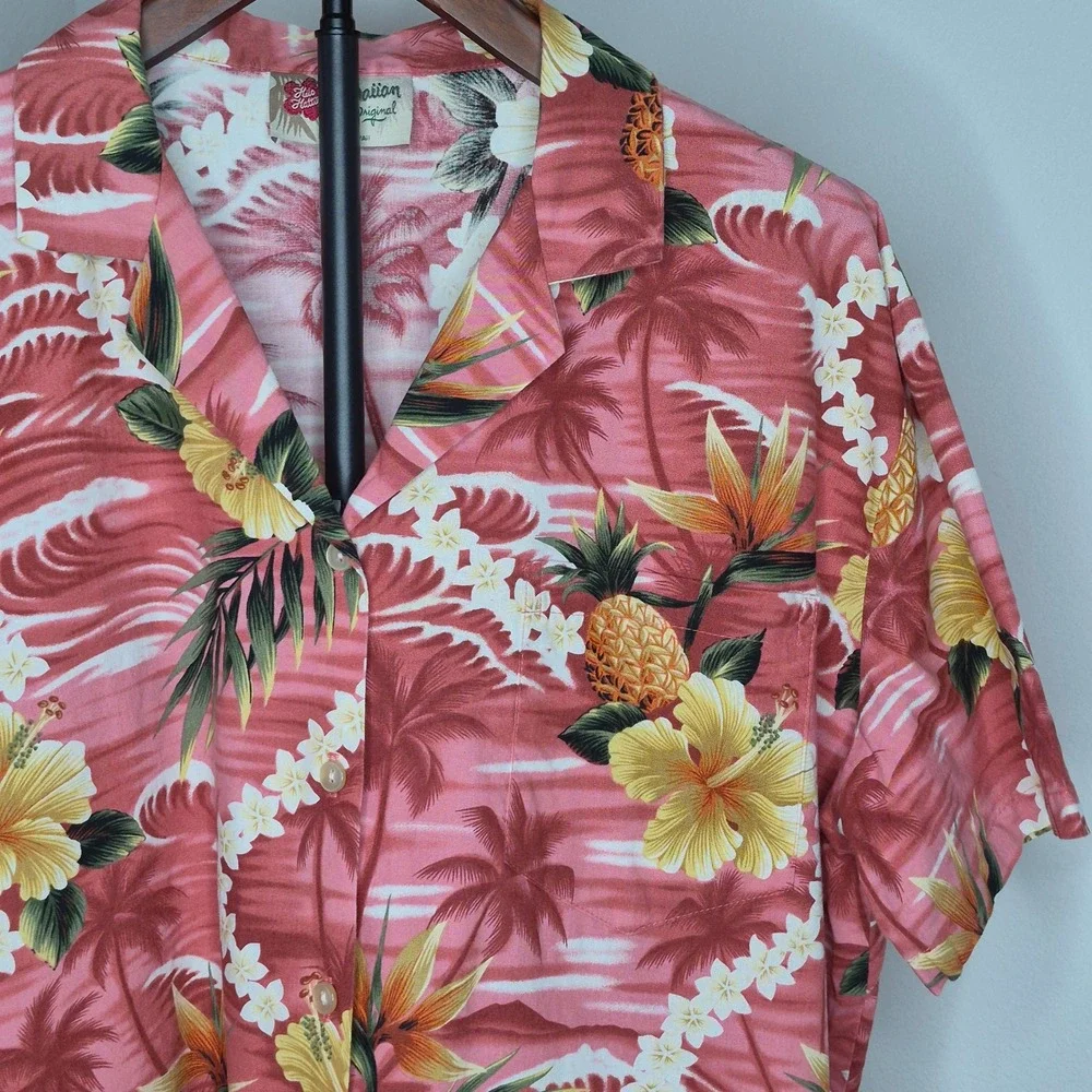 Hilo Hattie Vintage Hawaiian Shirt Mens Large Pink Pineapple Hibiscus Cotton